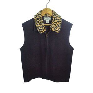 Lisa International Boiled Wool Vest L Vtg Removable Leopard Collar Penny Lane
